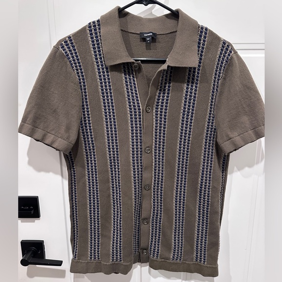 Express Other - Express Men's Olive and Blue Patterned Button Down Sweater Polo